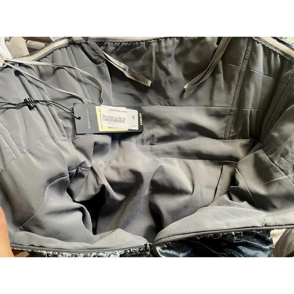 NWT $398 BCBG Max Azria Metallic Gray Strapless Rushed Bow Dress Size 0 XS